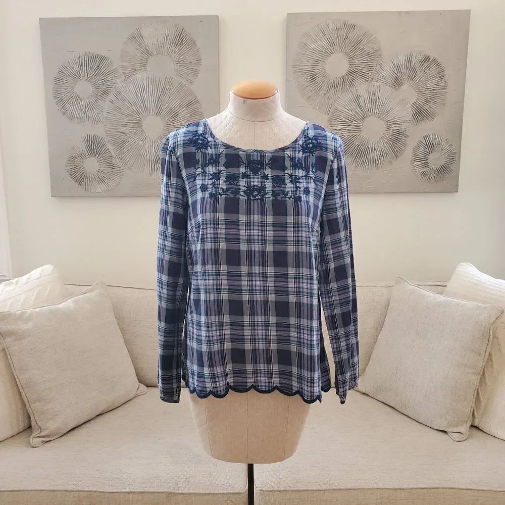 Talbots Plaid Scalloped Trim Floral Embroidered Blouse Sz Med